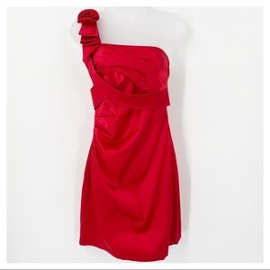 As U Wish Draped Satin One Shoulder Dress Rosette Accent Size 9 Red